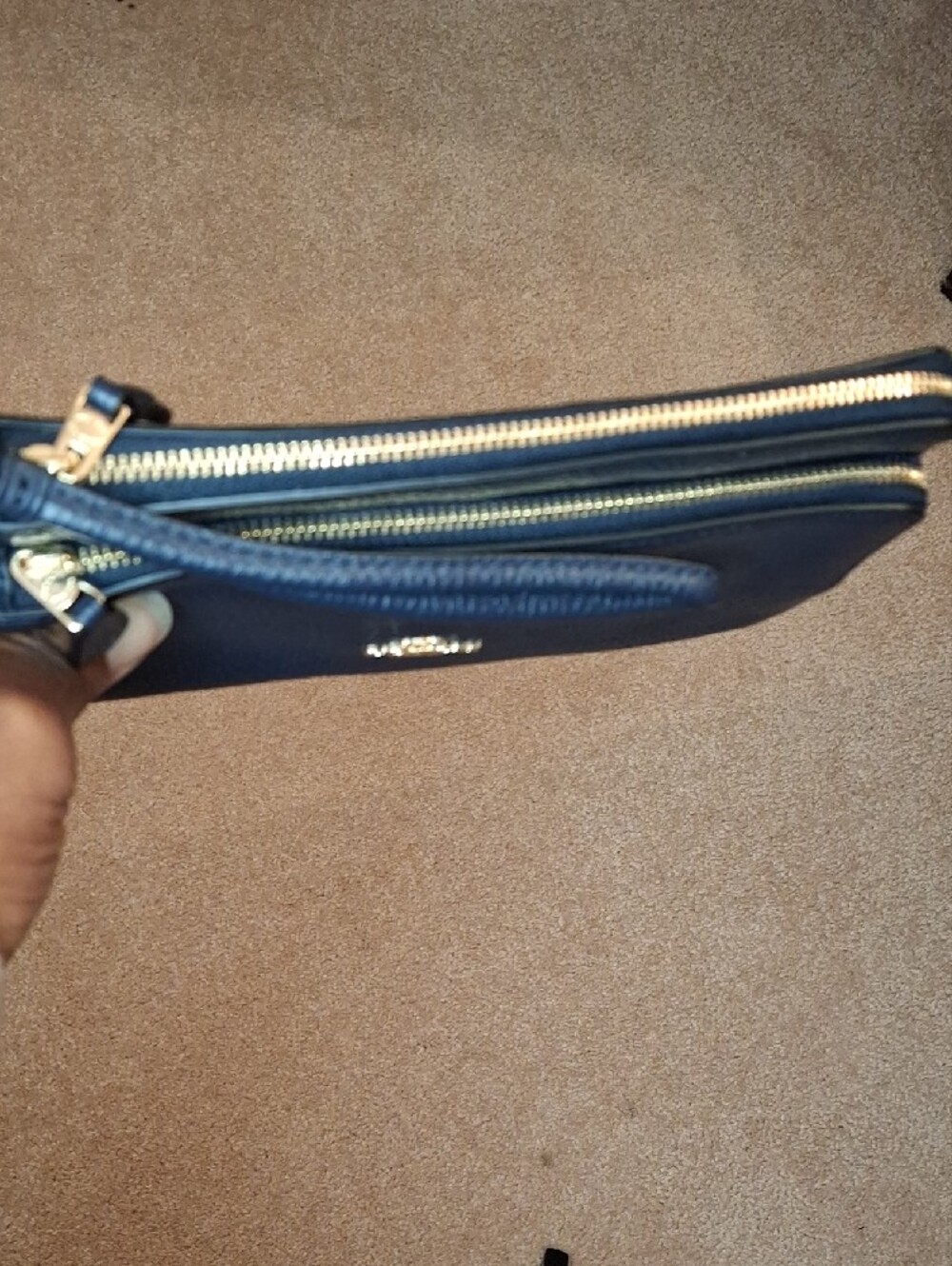 Coach Pebbled Leather Double Zip Wristlet in Navy with Gold Logo - Picture 3 of 5